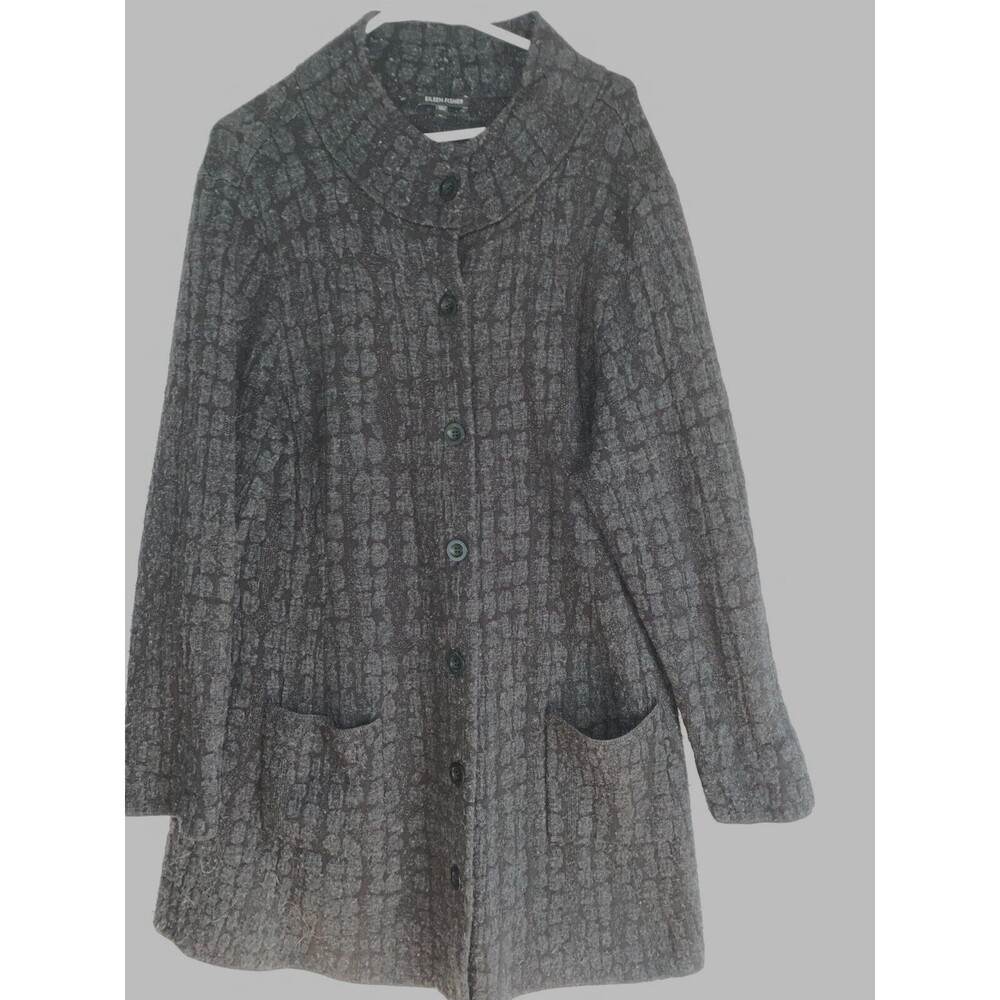 Eileen Fisher Womens Gray Button long Cardigan Sweater Pockets XL wool